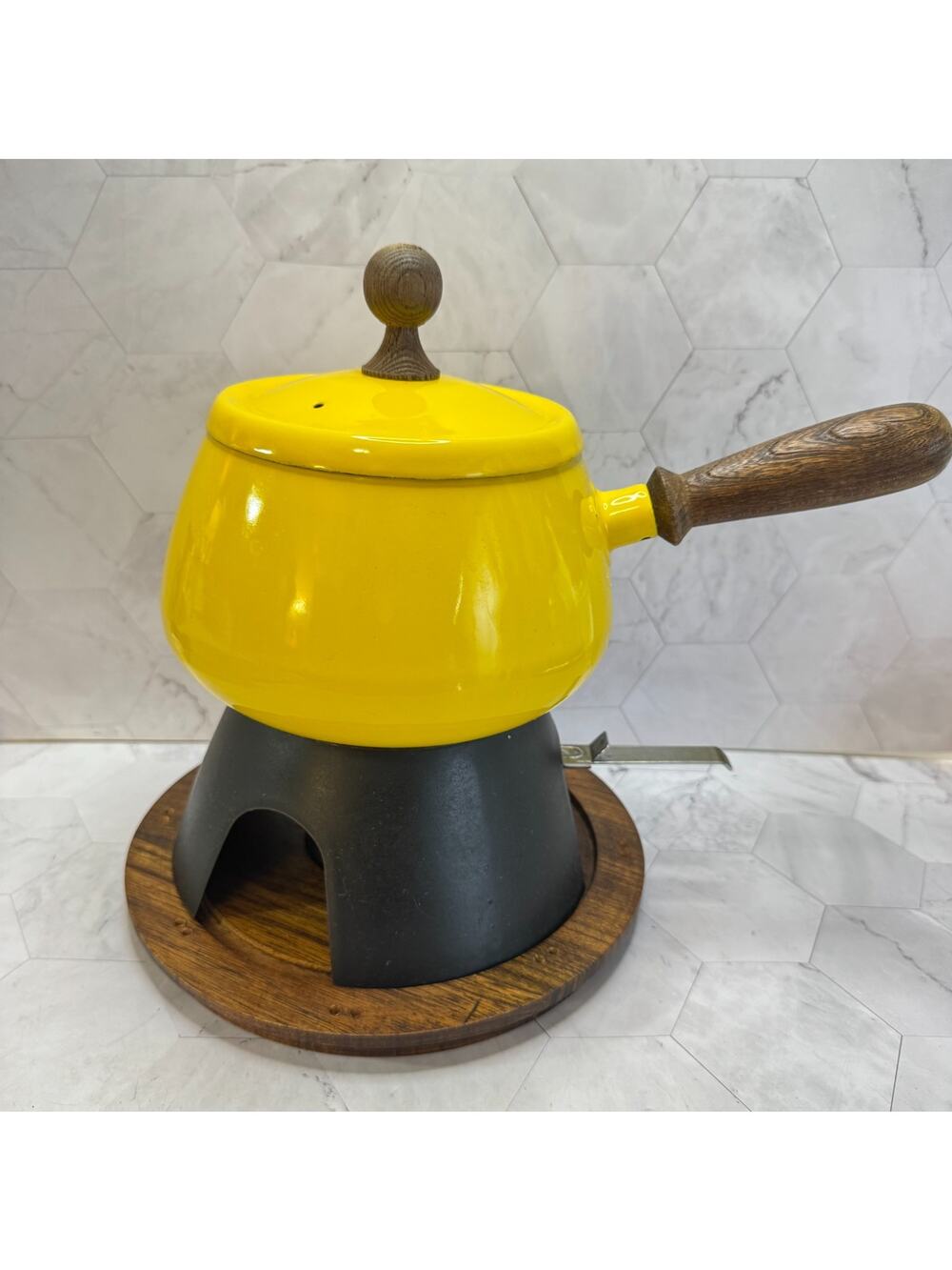 Vintage Styson Fondue Set Enamel Yellow MCM Stand Base Burner Pot Lid Retro